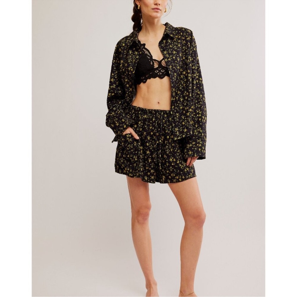 Free People Black Floral Pajama Set with Yellow Print